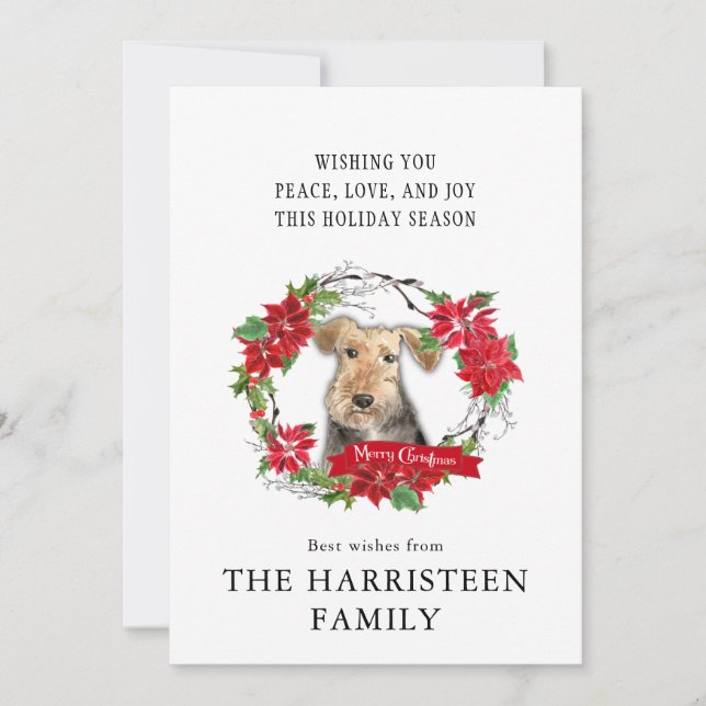 Welsh Terrier Watercolor Christmas Wreath Holiday Card (Front)