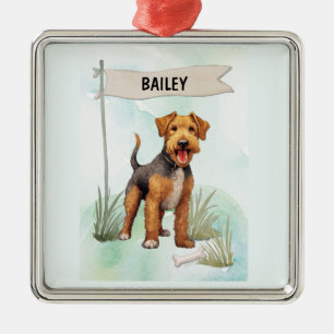 Welsh Terrier Watercolor Personalized Dog Metal Tree Decoration