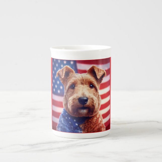 Welsh Terrier With American Flag And Bandanna Bone China Mug (Front)