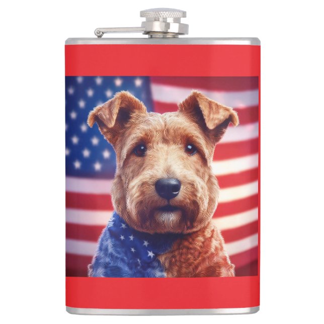 Welsh Terrier With American Flag And Bandanna Hip Flask (Front)