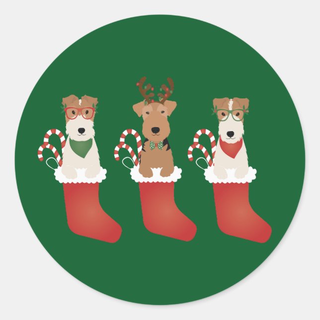 Welsh Wire Fox Terrier Dogs Christmas Classic Round Sticker (Front)