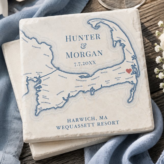 Wequassett Resort Wedding Favour Cape Cod Map Stone Coaster (Wequassett Resort Wedding Favor Cape Cod Map Stone Coaster keepsake gift by Coastal Map Designs)