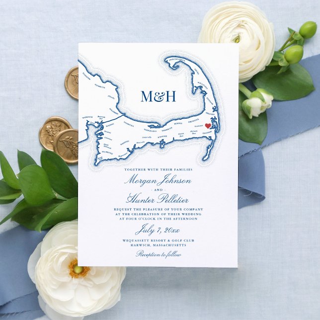 Wequassett Resort Wedding Invitation | Cape Cod (Elegant Wequassett Resort and Golf Club wedding invitation featuring a map of Cape Cod)