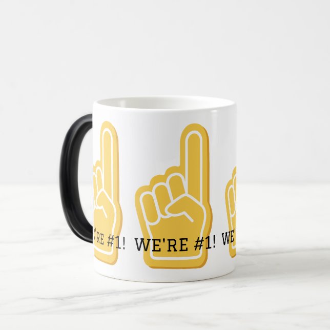 WE'RE #1 Sports Finger Gold Black Team Spirit Fun Magic Mug (Front Left)