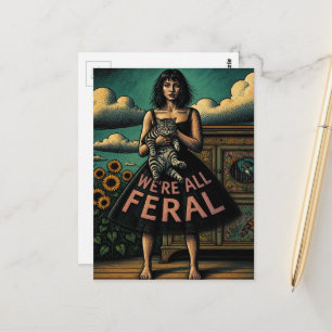We're All Feral Vintage Lady and Cat Postcard