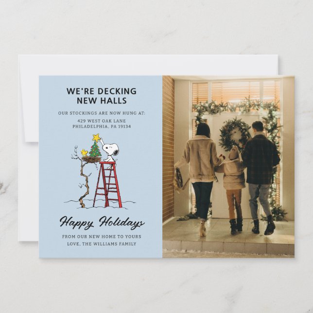 We're Decking New Halls | Snoopy We've Moved Holiday Card (Front)