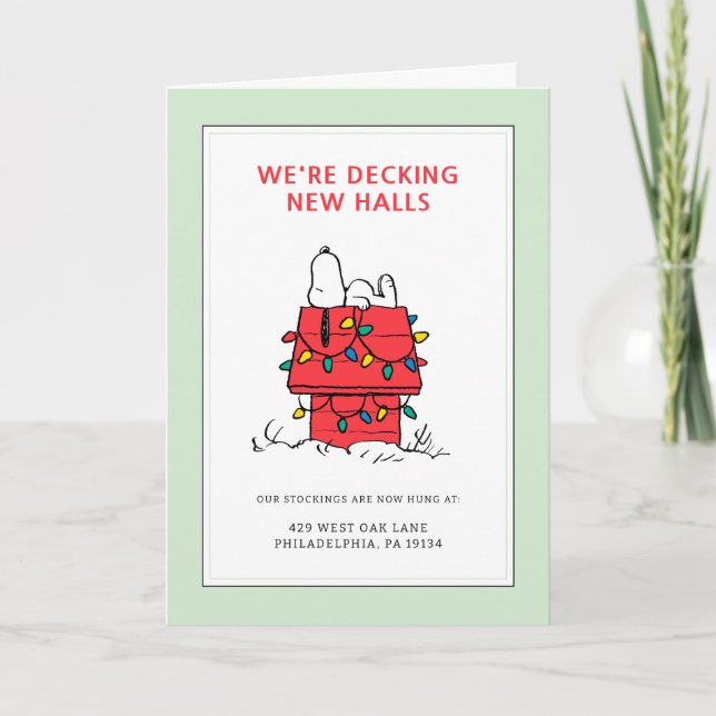 We're Decking New Halls | Snoopy We've Moved Holiday Card (Front)