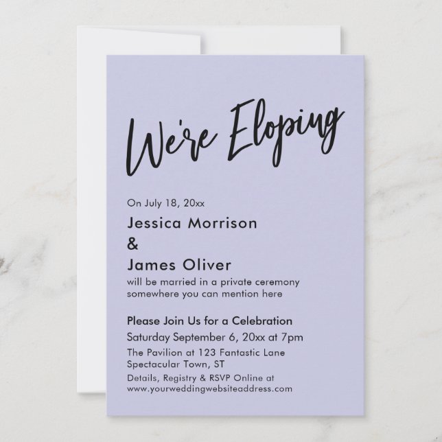 We're Eloping Minimal Handwriting Lavender Invitation (Front)