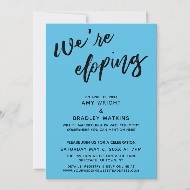 We're Eloping Modern Handwriting Typography Blue Invitation (Front)