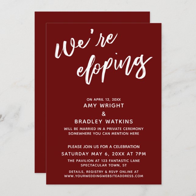We're Eloping Simple Burgundy Handwriting Script Invitation (Front/Back)
