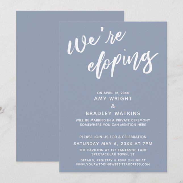 We're Eloping Simple Dusty Blue Handwriting Script Invitation (Front/Back)