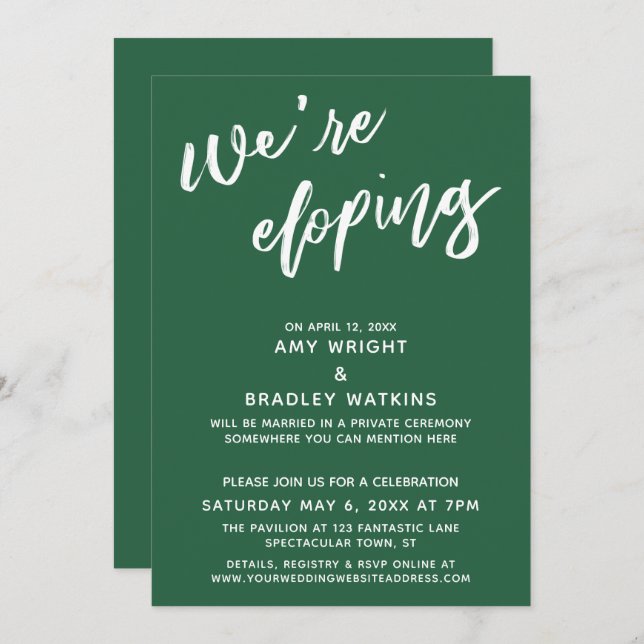 We're Eloping Simple Leaf Green Handwriting Script Invitation (Front/Back)