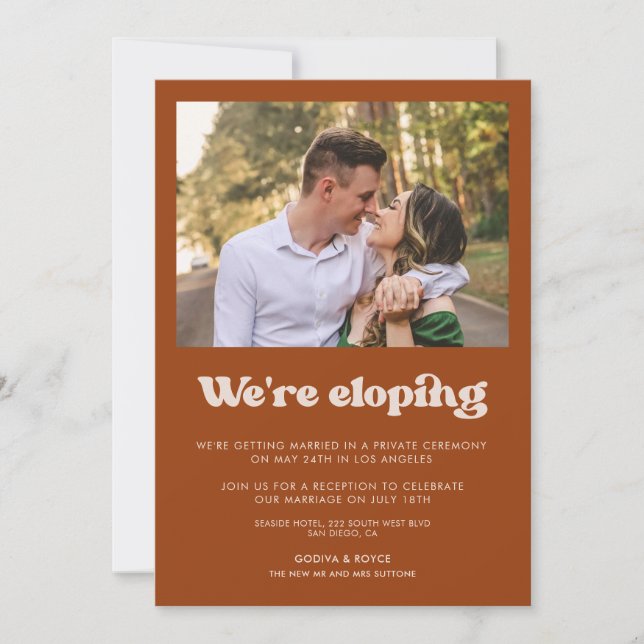 We're eloping Stylish Burnt Orange announcement (Front)
