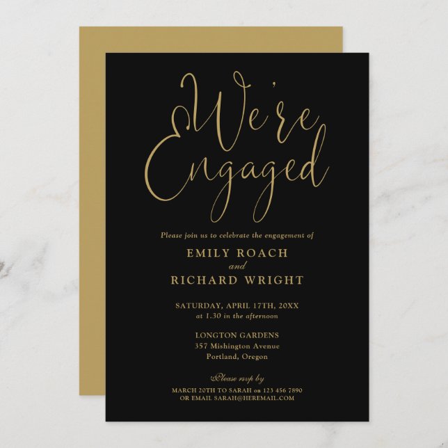 We're Engaged Black And Gold Engagement Party Invitation (Front/Back)