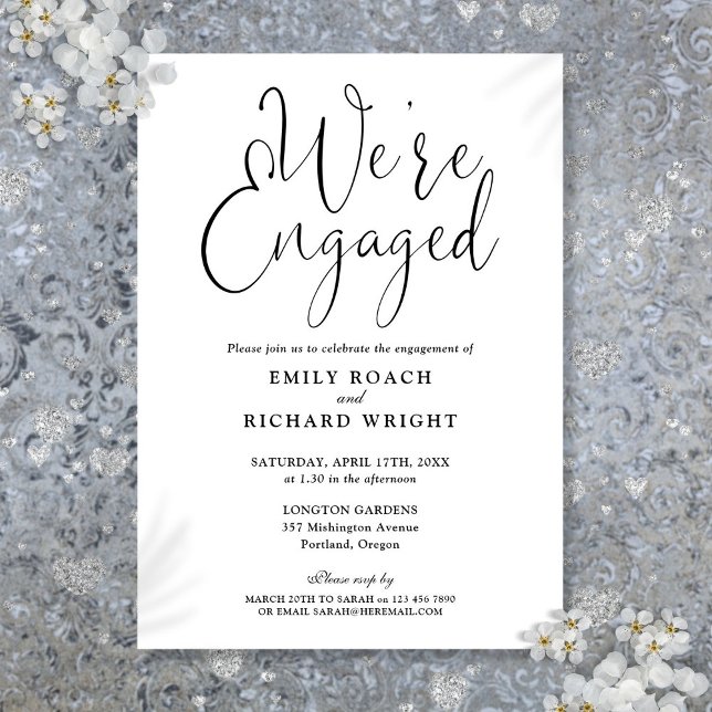 We're Engaged Black And White Engagement Party Invitation (We're Engaged Black And White Engagement Party Invitation)