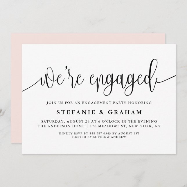 We're Engaged Black Calligraphy Engagement Party Invitation (Front/Back)