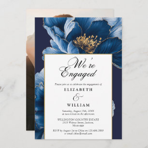 We're Engaged Blue Floral Engagement Party Photo Invitation