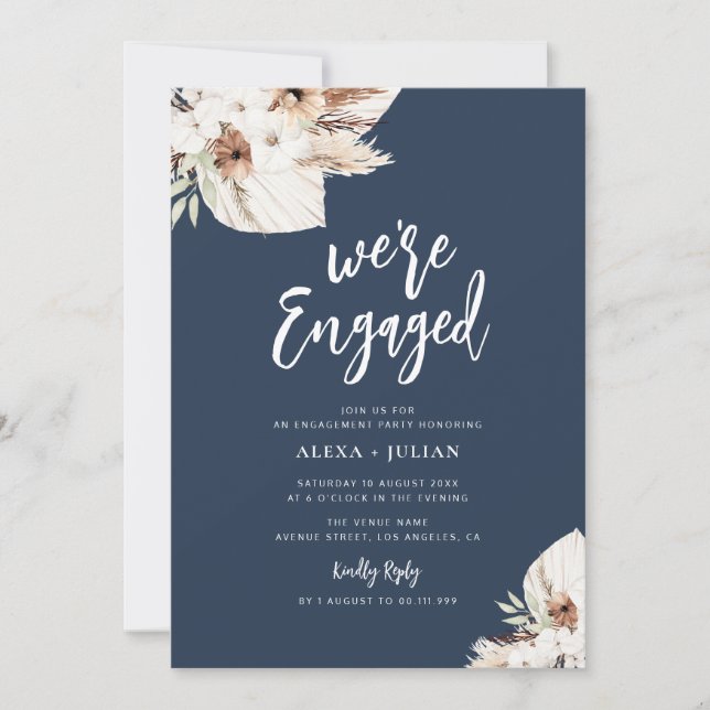 WE'RE ENGAGED boho pampas navy blue engagement Invitation (Front)