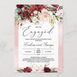 We're Engaged Burgundy Floral Boho Invitation
