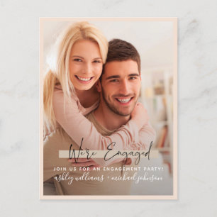 We're Engaged Calligraphy Photo Blush Engagement Announcement Postcard