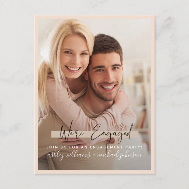 We're Engaged Calligraphy Photo Blush Engagement Announcement Postcard (Front)