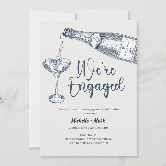 We're Engaged, Champagne Engagement, minimal Invitation (Front)