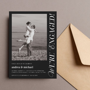 We're Engaged Chic Modern Engagement Photo Black Invitation