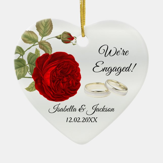 We're Engaged  | Deep Red Rose Ceramic Tree Decoration (Front)