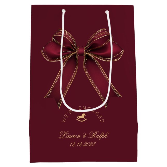 We're Engaged Elegant Burgundy Gold Bow Luxury Medium Gift Bag (Back)