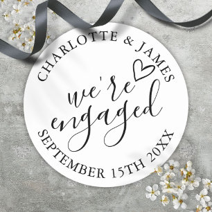 We're Engaged Engagement Party Black And White Classic Round Sticker