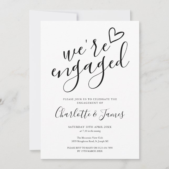 We're Engaged Engagement Party Black And White Invitation (Front)