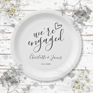 We're Engaged Engagement Party Black And White Paper Plate