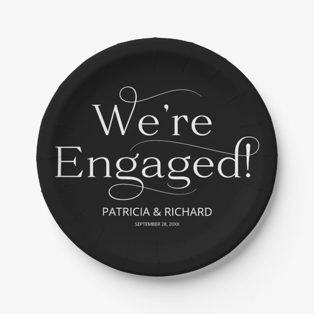 We're Engaged Engagement Party Black Paper Plate (Front)