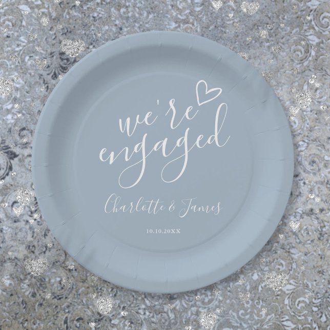 We're Engaged Engagement Party Dusty Blue Paper Plate (We're Engaged Engagement Party Dusty Blue Paper Plates)