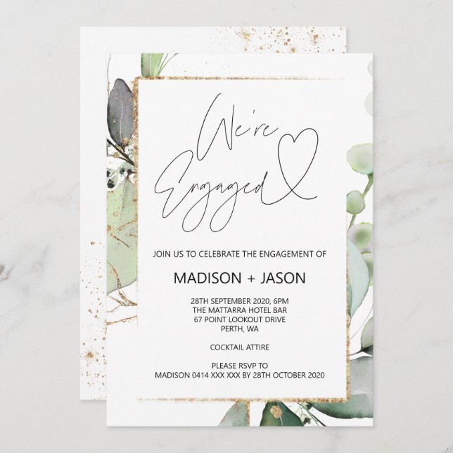 We're Engaged Engagement Party Eucalyptus Gold Invitation (Front/Back)