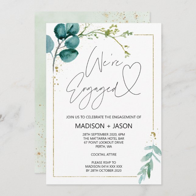 We're Engaged Engagement Party Eucalyptusl Gold Invitation (Front/Back)