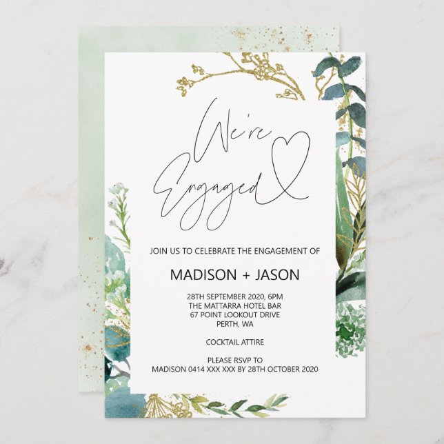 We're Engaged Engagement Party Eucalyptusl Gold Invitation (Front/Back)