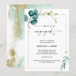 We're Engaged Engagement Party Green and Gold Invitation