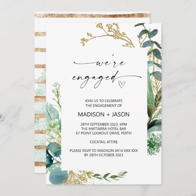 We're Engaged Engagement Party Green and Gold Invitation (Front/Back)