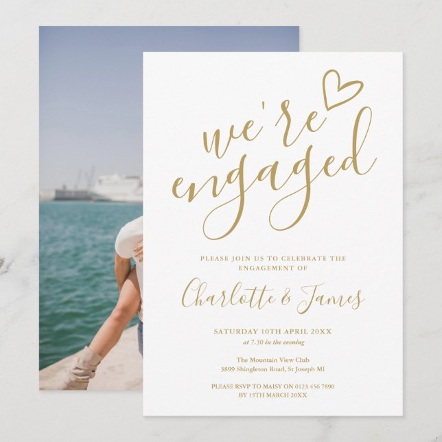 We're Engaged Engagement Party Photo Chic Gold Invitation (Front/Back)