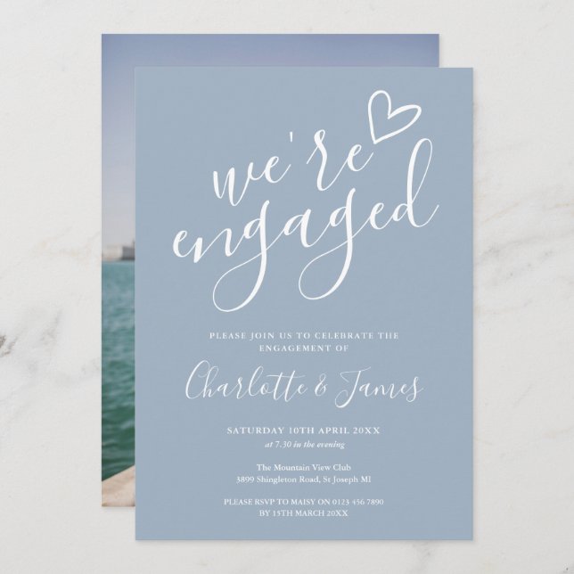 We're Engaged Engagement Party Photo Dusty Blue Invitation (Front/Back)
