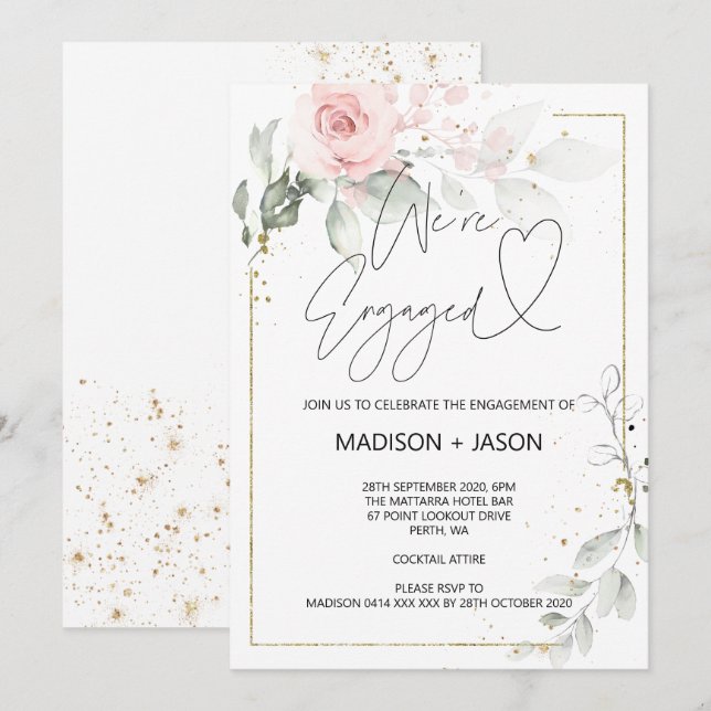 We're Engaged Engagement Party Pink Floral Gold Invitation (Front/Back)