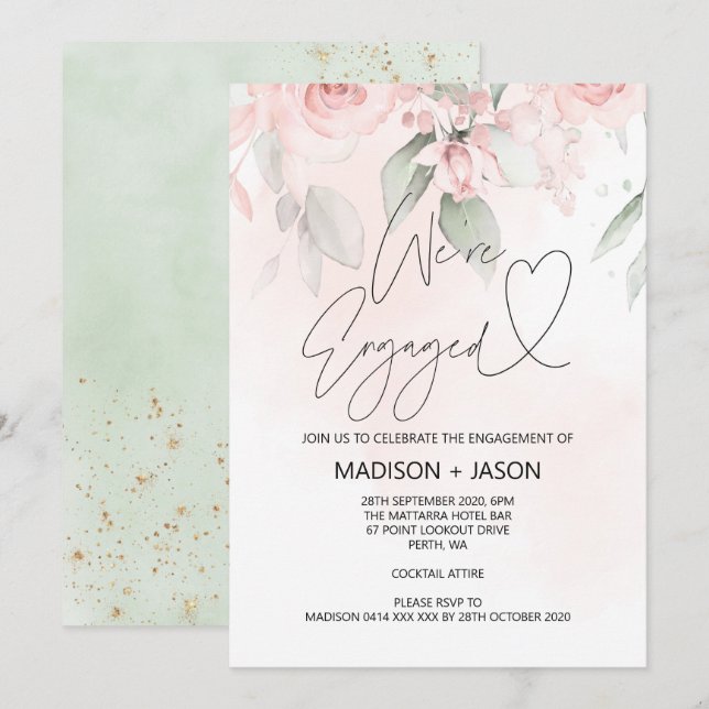 We're Engaged Engagement Party Pink Floral Gold Invitation (Front/Back)