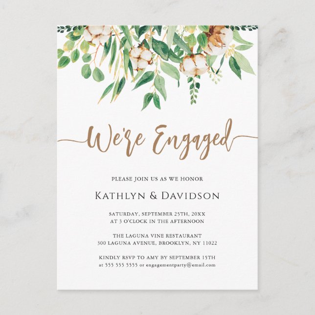 We're Engaged Eucalyptus Floral Simple Engagement Invitation Postcard (Front)