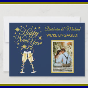 We're Engaged Happy New Year Gold Blue Photo Invitation
