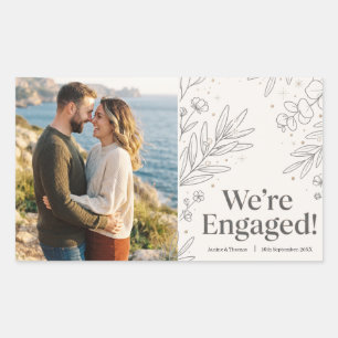 "We're Engaged!" Minimalist Floral Photo Design Rectangular Sticker