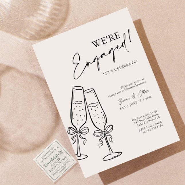 We're Engaged Modern Black Bow Champagne Party Invitation (Creator Uploaded)