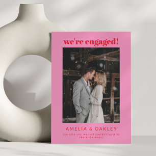 We're Engaged Modern Bright Pink Red Couple Photo Announcement