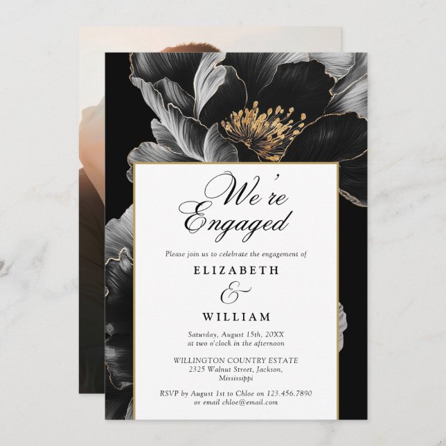 We're Engaged Modern Floral Engagement Party Photo Invitation (Front/Back)