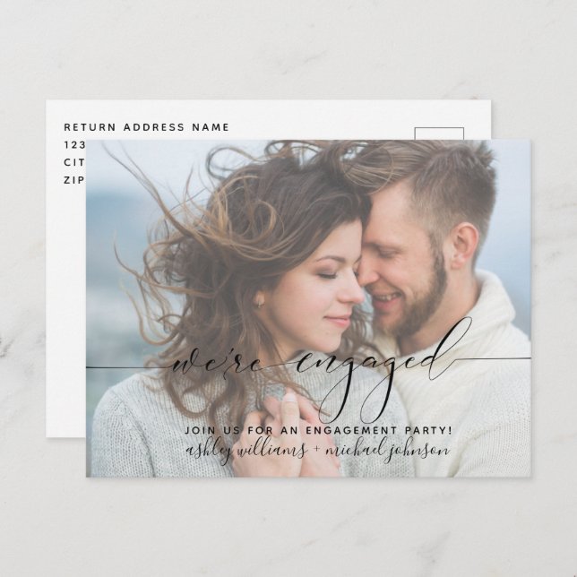 We're Engaged Modern Photo Engagement Party Invite Postcard (Front/Back)